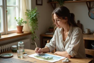 Femme adulte faisant de la peinture aquarelle chez elle à une table en bois, activité créative sans budget élevé