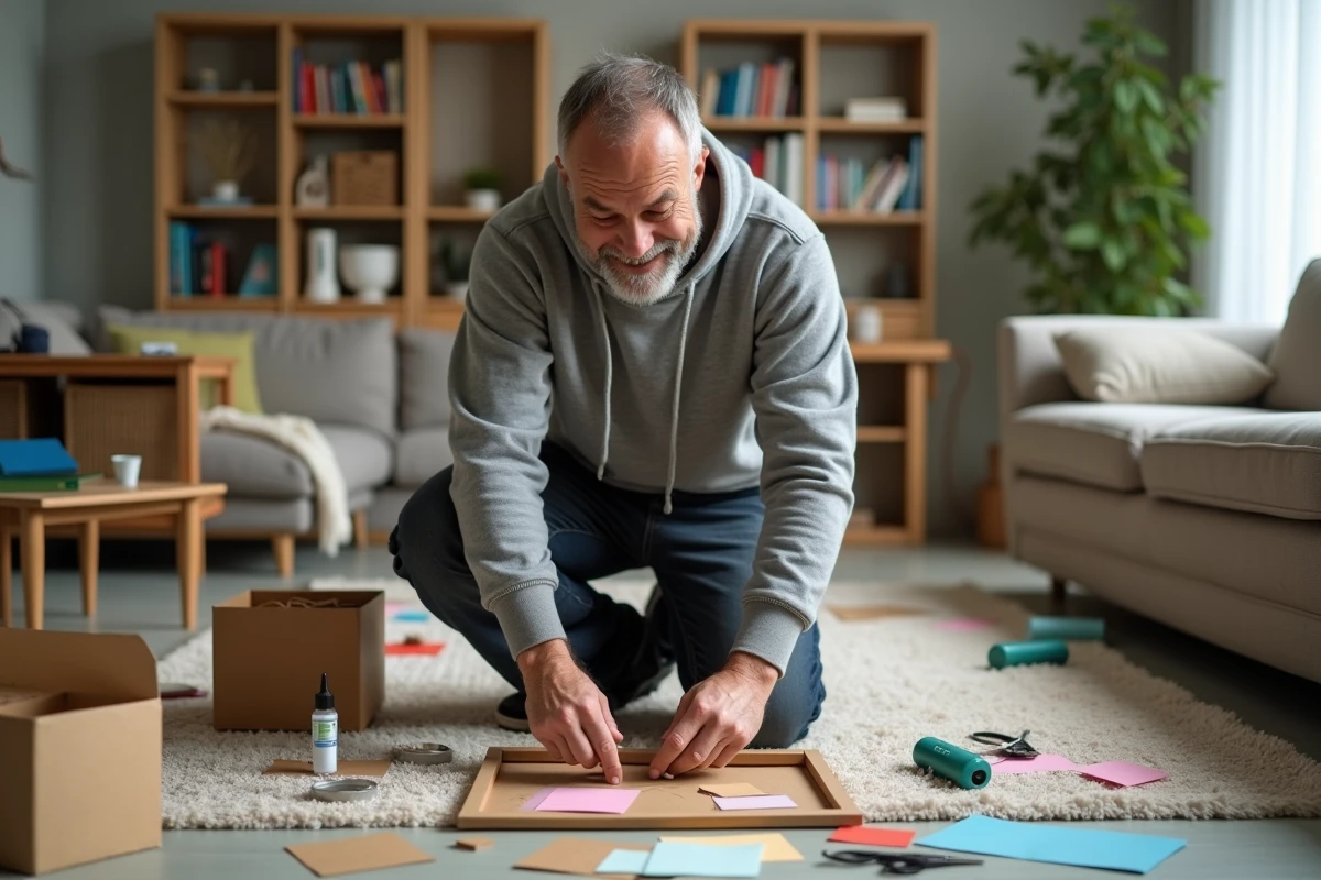 Homme adulte réalisant un collage créatif avec des matériaux recyclés chez lui, activité DIY économique
