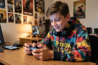 Adolescent jouant à Brawl Stars sur smartphone avec des codes promotionnels pour débutants en 2026