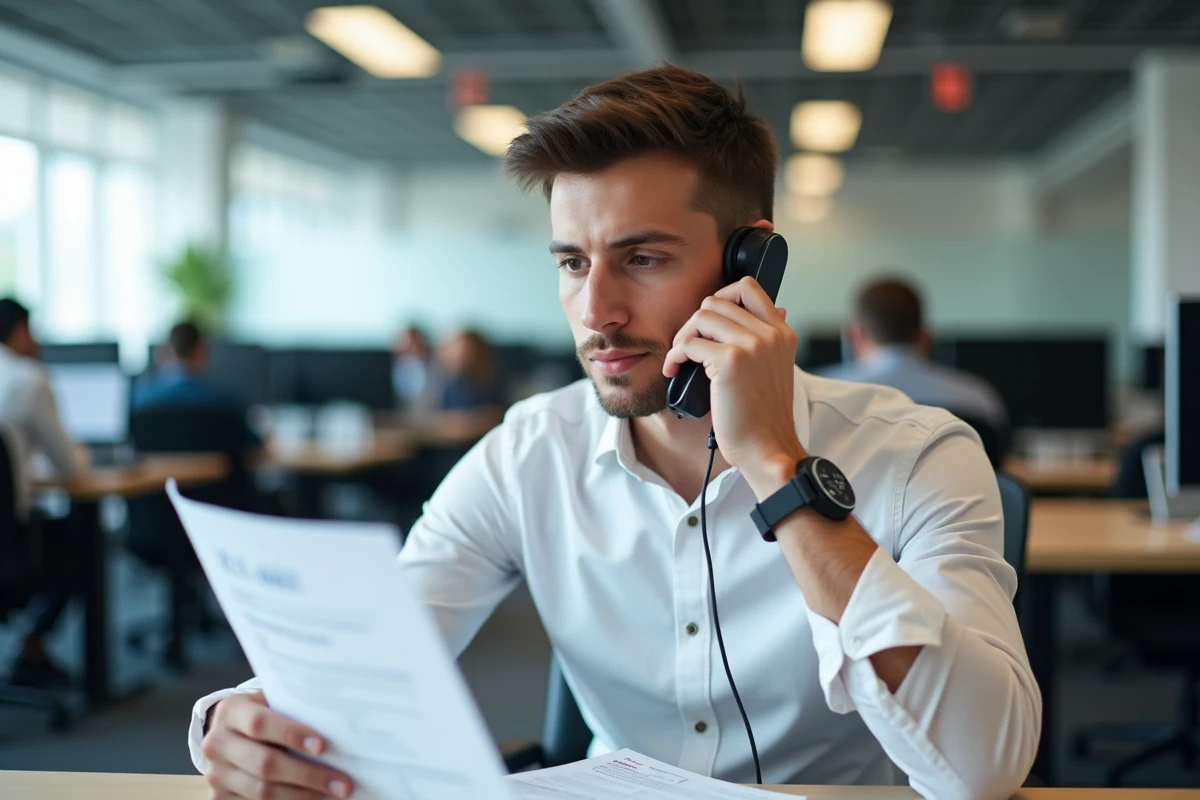 Agent de centre d'appels en prospection téléphonique dans un bureau moderne, symbolisant la différence entre démarchage légal et spam téléphonique