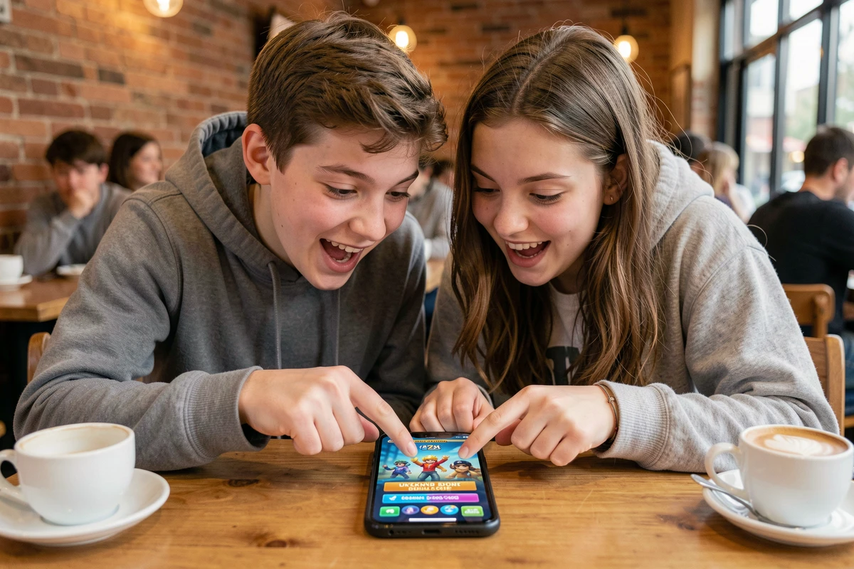 Deux adolescents partageant des codes Brawl Stars sur smartphone dans un café pour débuter en 2026
