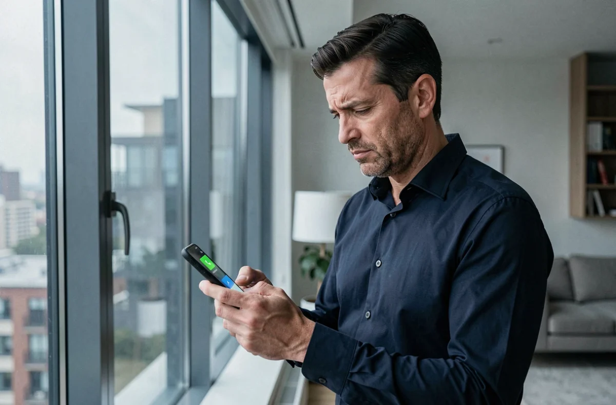 Homme debout près d'une fenêtre d'appartement moderne regardant un appel entrant d'un numéro inconnu sur son téléphone