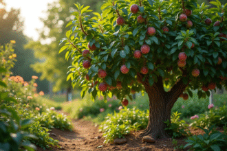 Arbre prune mature dans un jardin permaculture luxuriant