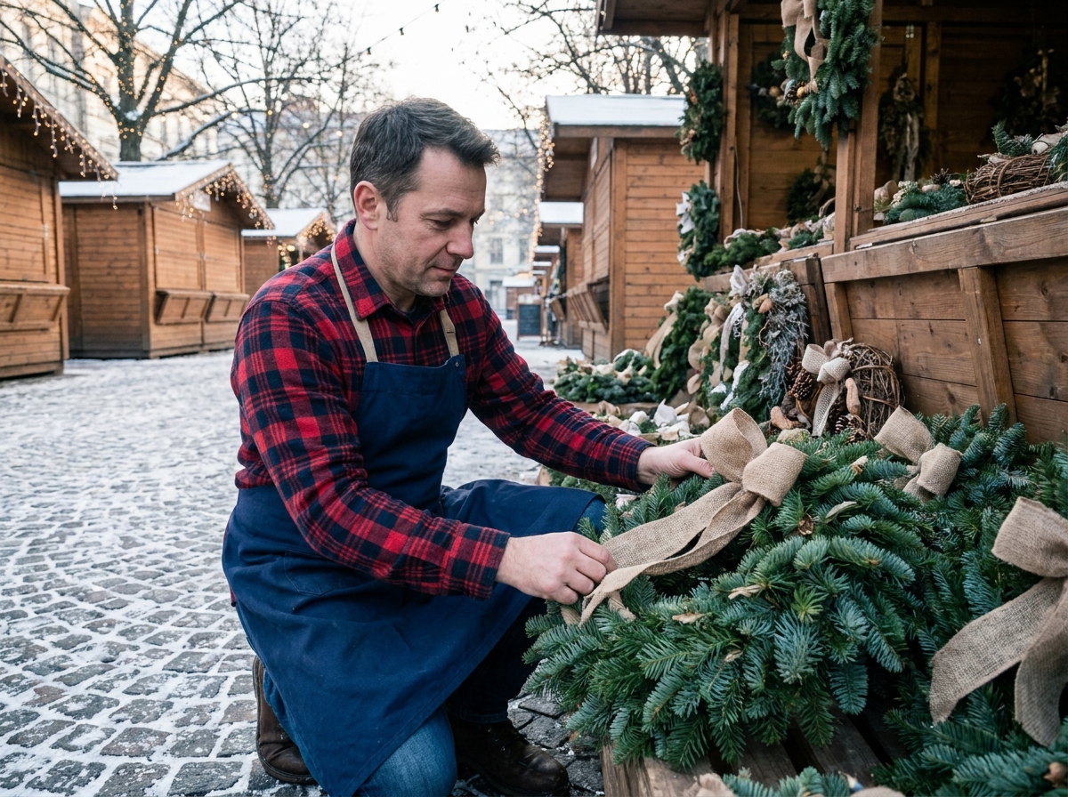 Artisan arrangeant des couronnes de Noël sur un stand de marché de Noël en plein air