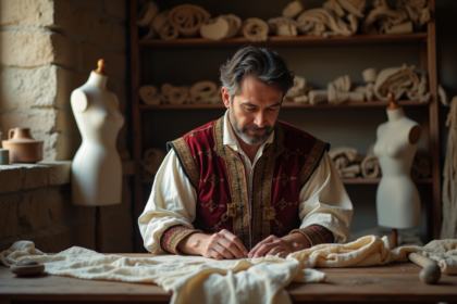 Artisan homme en tunic renaissance travaillant le tissu