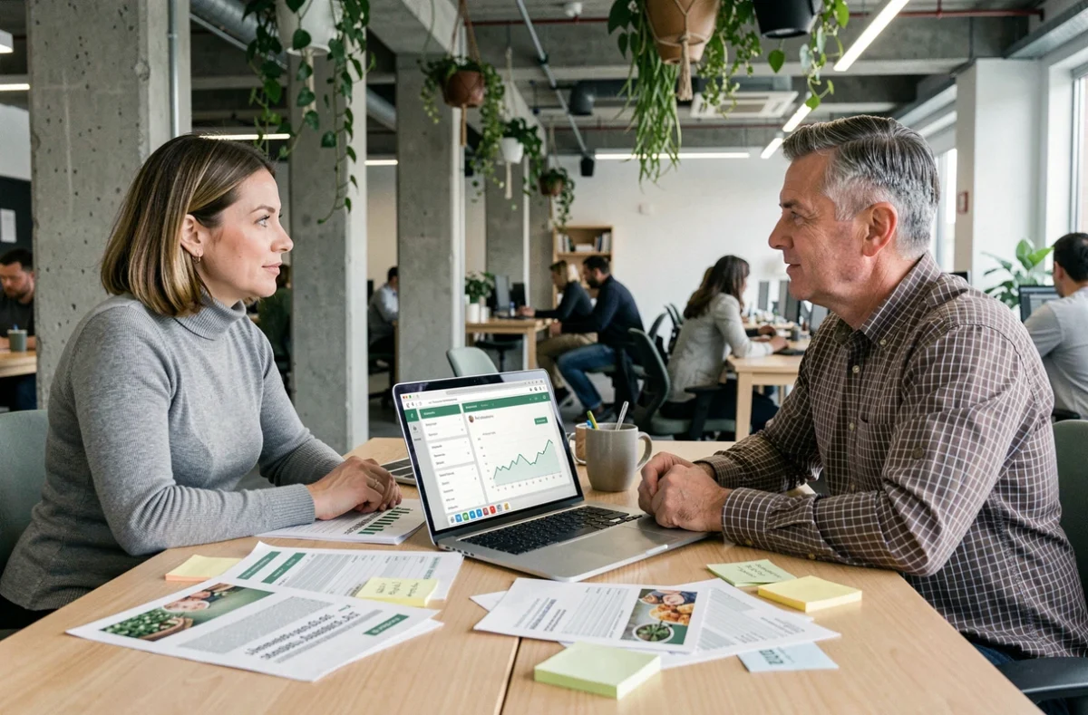 Deux associés analysant des données de référencement local dans un espace de coworking pour développer leur activité