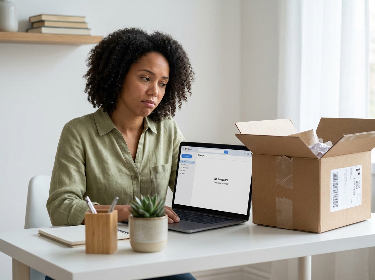 Femme déçue regardant sa boîte mail vide après un achat en ligne, aucune relance ni programme de fidélité reçu
