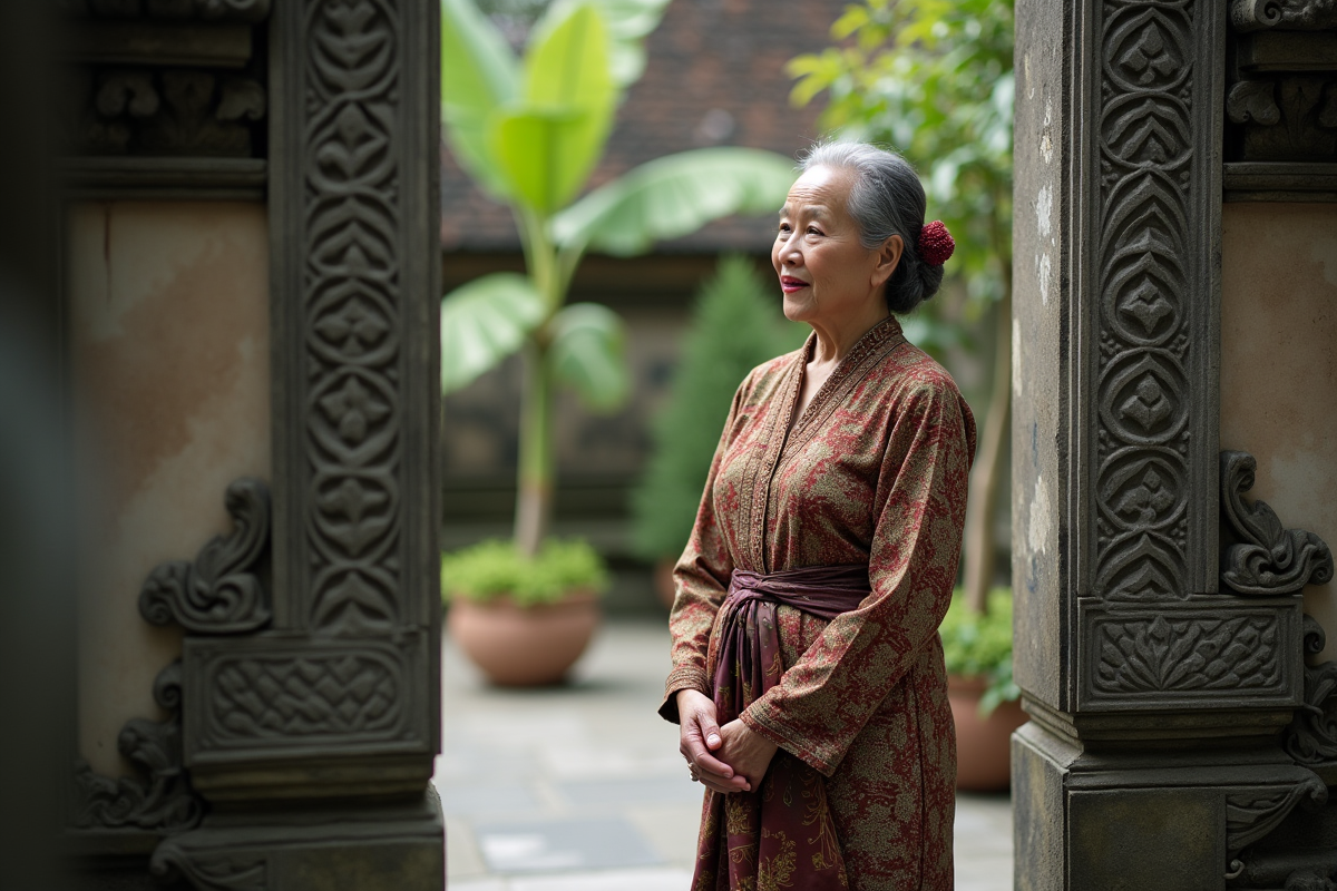 Femme balinaise élégante devant la porte du palais d'Ubud