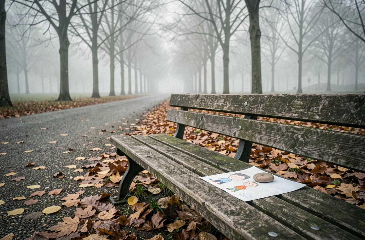 Banc de parc vide en automne avec un dessin d'enfant abandonné, symbolisant l'enfance révolue et l'innocence disparue