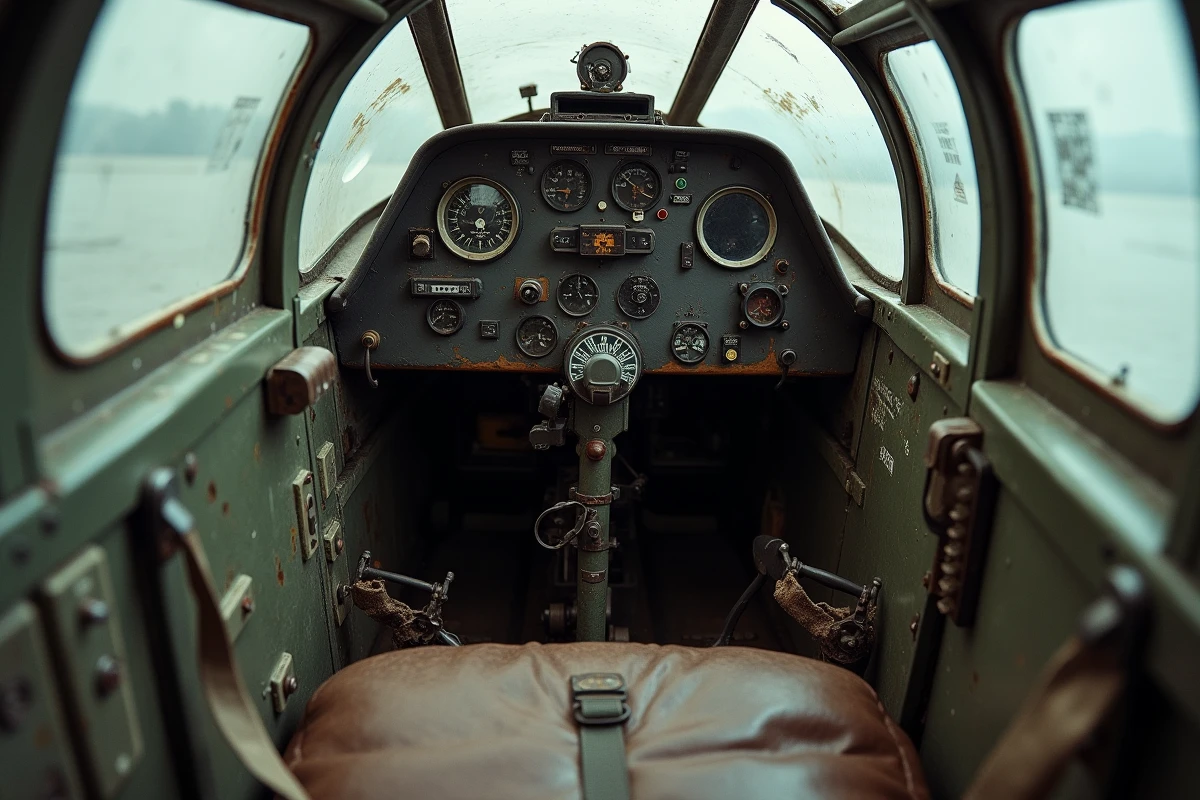 Intérieur du cockpit d'un Bf 109 G en état de conservation exceptionnel, montrant le tableau de bord d'époque, le viseur Revi et l'équipement original du pilote