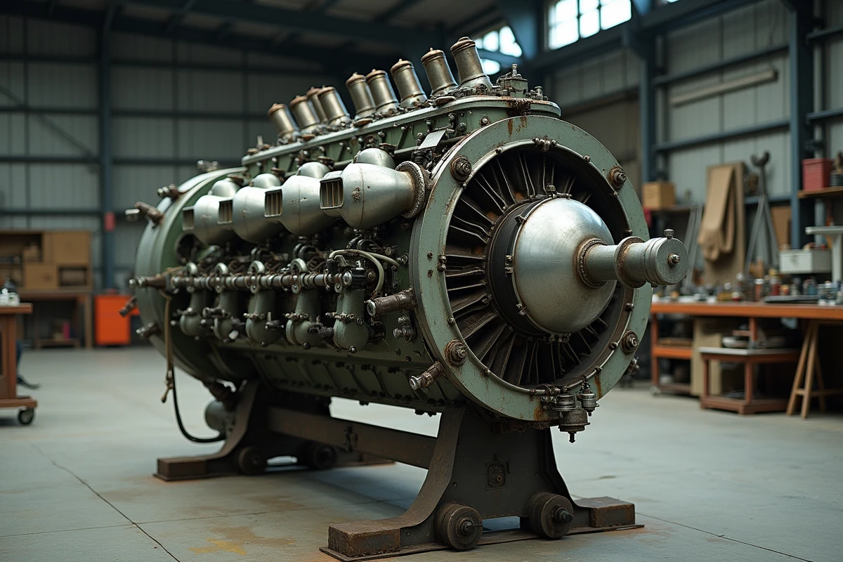 Moteur Daimler-Benz DB 605 extrait d'un Bf 109 G en cours de restauration sur un chevalet d'atelier, révélant l'architecture mécanique complexe du V12 inversé