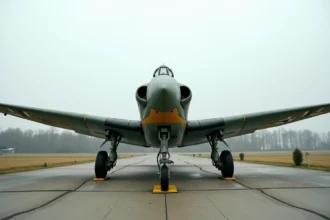 Messerschmitt Bf 109 G restauré exposé dans un musée de l'aviation en plein air, vue trois quarts avant montrant le camouflage Luftwaffe et les détails de la cellule