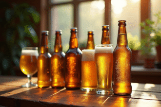 Sélection de bières belges sur une table en bois rustique