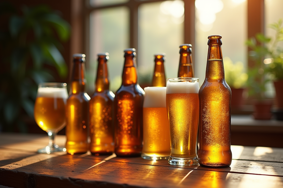Sélection de bières belges sur une table en bois rustique