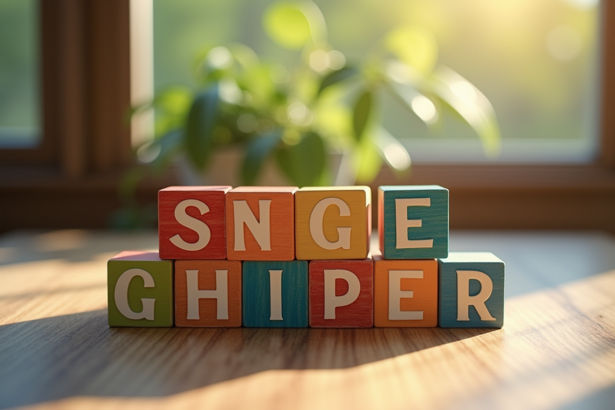 Blocs colorés formant la lettre G sur une table en bois