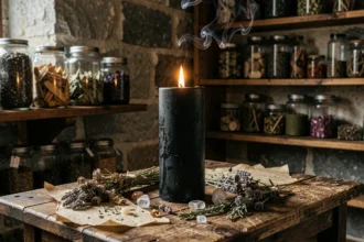 Bougie noire allumée sur un autel de magie avec herbes séchées et cristaux, ambiance mystique et ésotérique