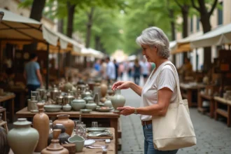 Femme examinant un vase ancien lors d'une brocante en plein air dans les Yvelines