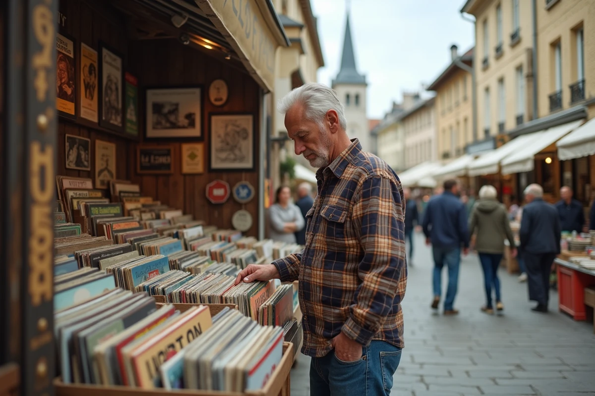 Homme fouillant des vinyles anciens dans une brocante animée en Yvelines