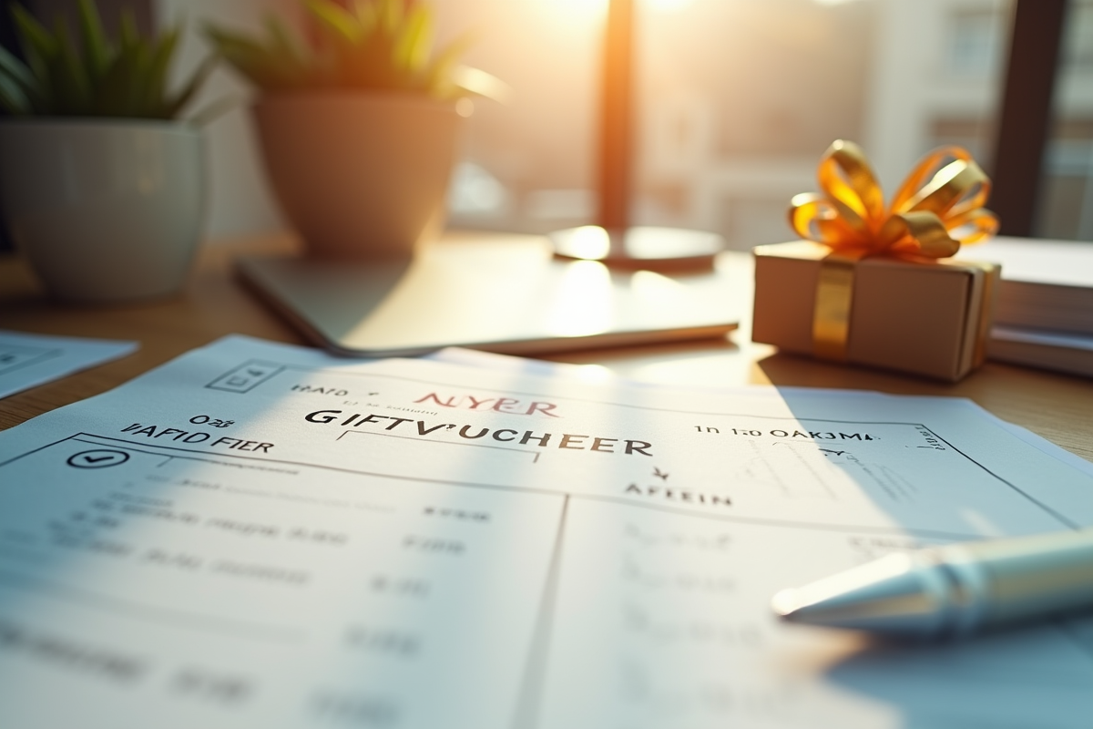 Espace de travail avec une carte cadeau un stylo et une checklist