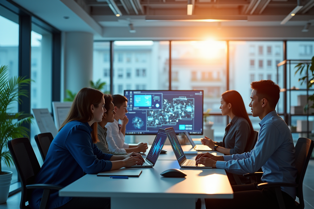 Espace de travail moderne avec jeunes professionnels et écrans numériques