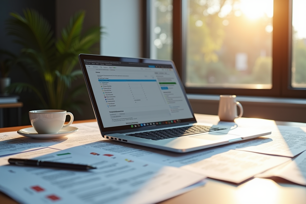 Espace de travail moderne avec ordinateur et documents multilingues
