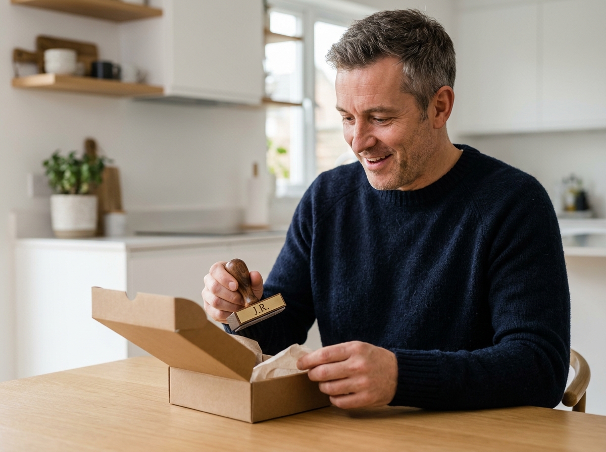 Homme recevant un tampon personnalisé gravé comme cadeau original dans une cuisine scandinave moderne