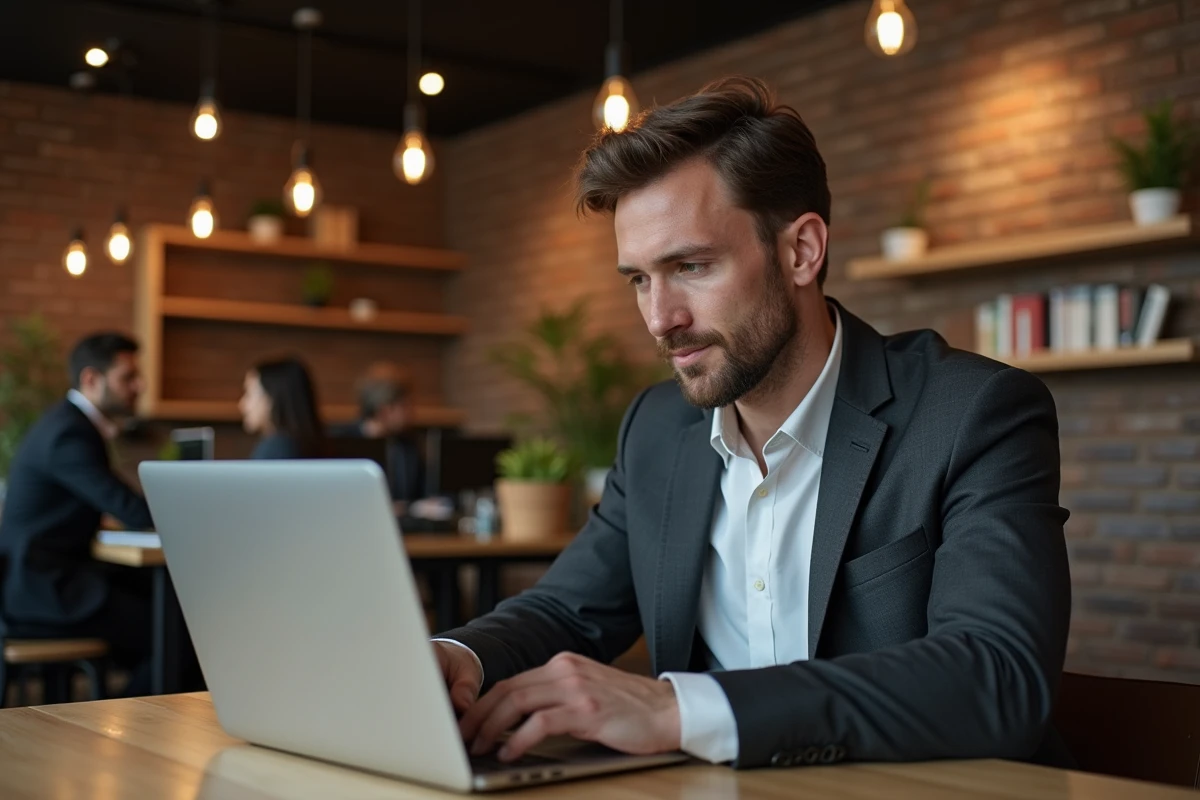 Cadre recherchant des opportunités d'emploi sur un portail de recrutement depuis un espace de coworking