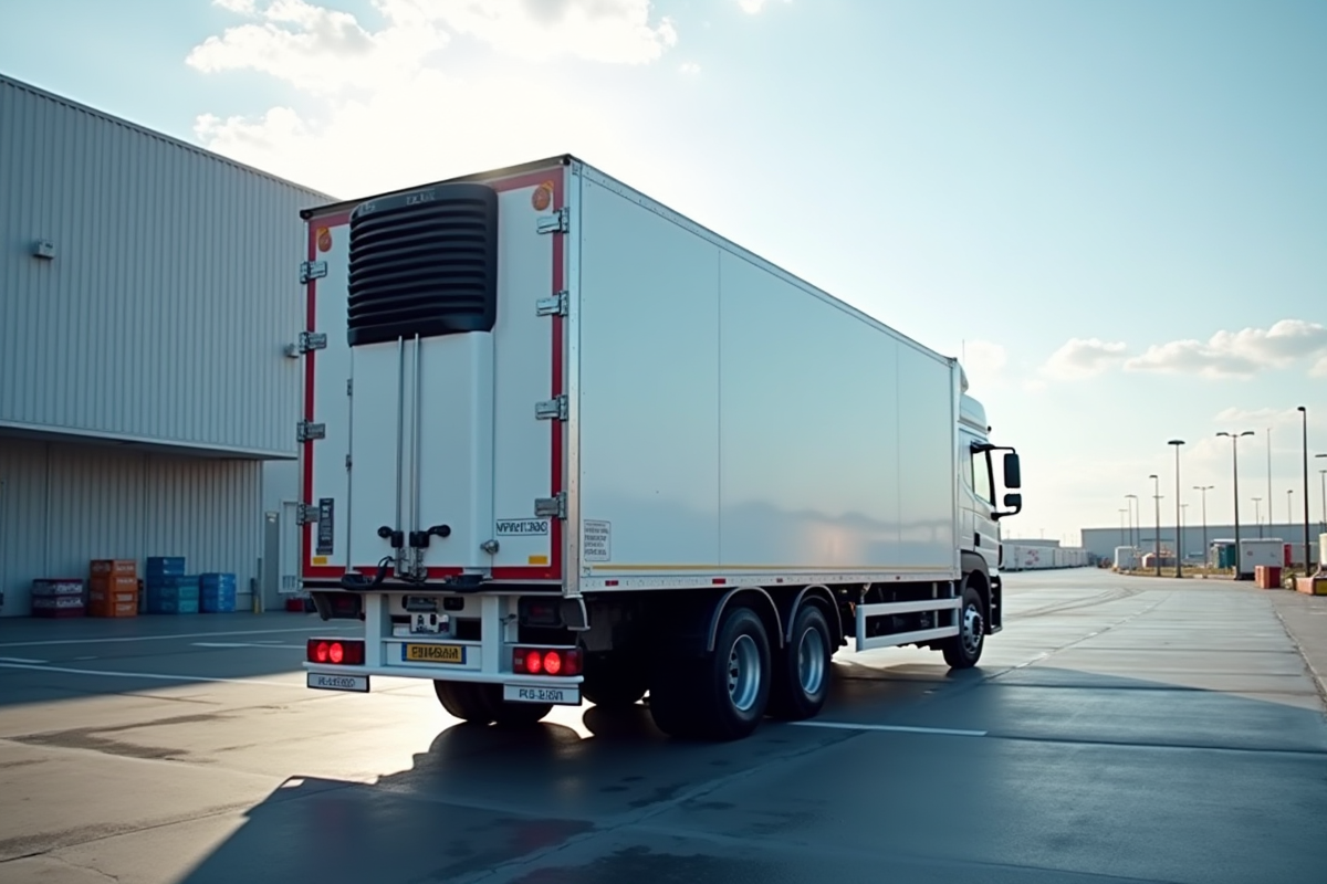 Camion frigorifique dans un centre logistique moderne en journée
