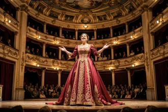 Cantatrice célèbre en robe de soie rouge chantant un opéra sur scène dans un opéra baroque doré
