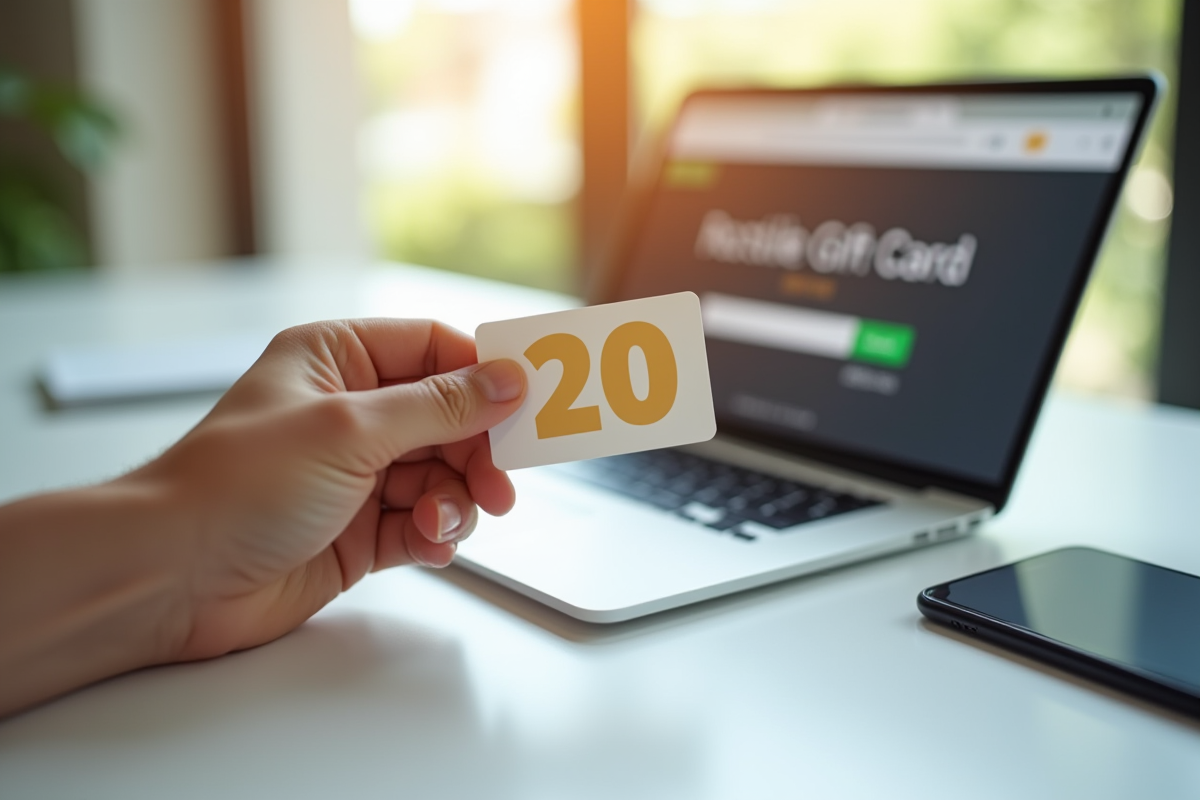 Main tenant une carte cadeau moderne sur une table lumineuse