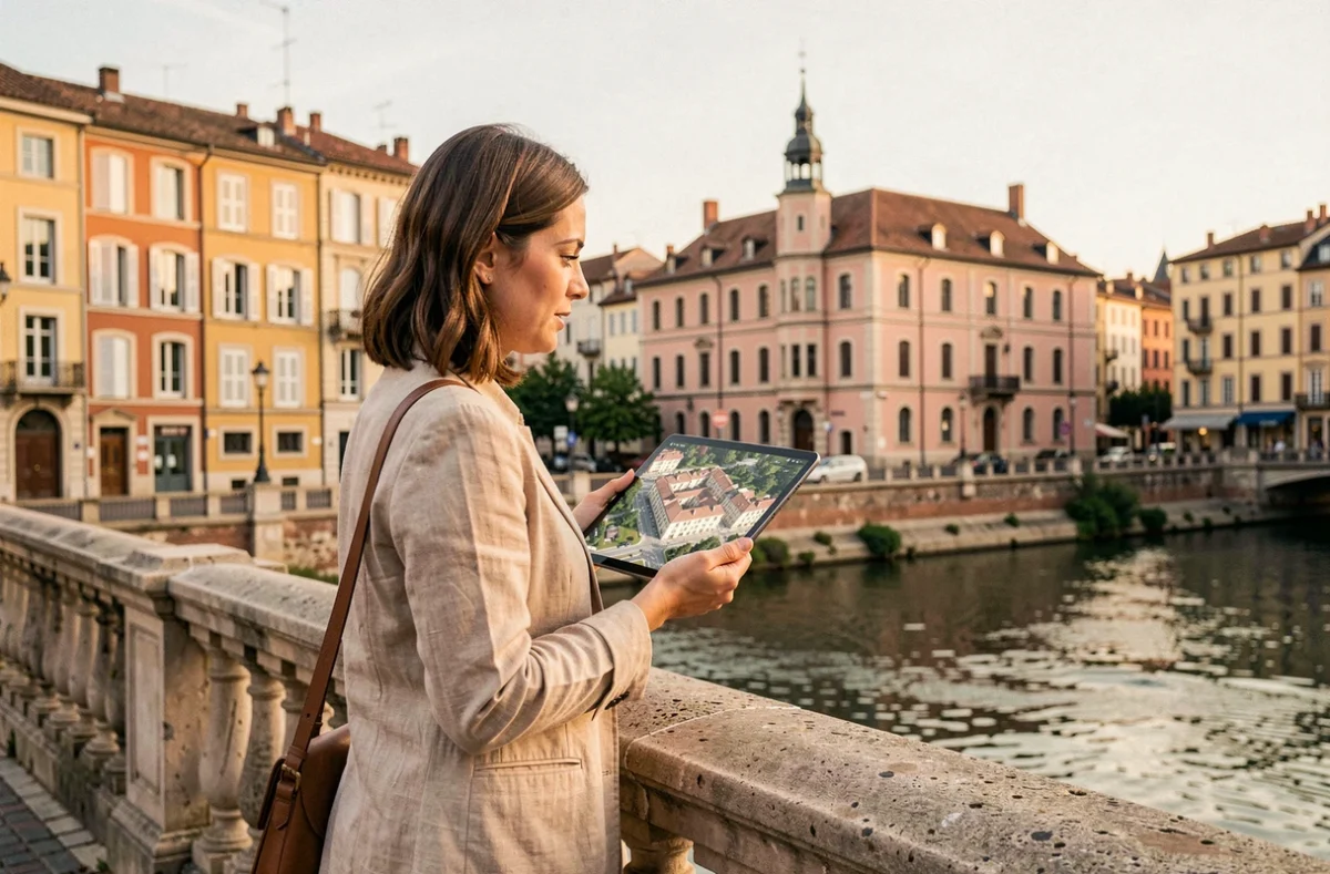 Femme consultant une carte satellite sur tablette depuis le Pont Neuf avec vue sur les berges de la Garonne à Toulouse