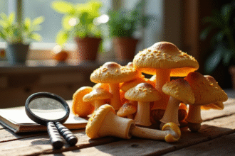 Chanterelles fraîches sur une table en bois avec guide et loupe