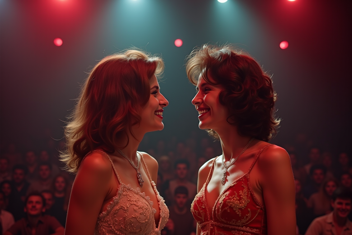 Deux chanteurs français iconiques sur scène dans les années 1970 souriants