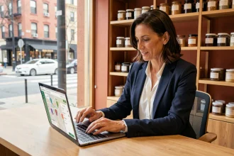 Femme cheffe d'entreprise consultant une plateforme de référencement local sur son ordinateur portable dans une boutique artisanale