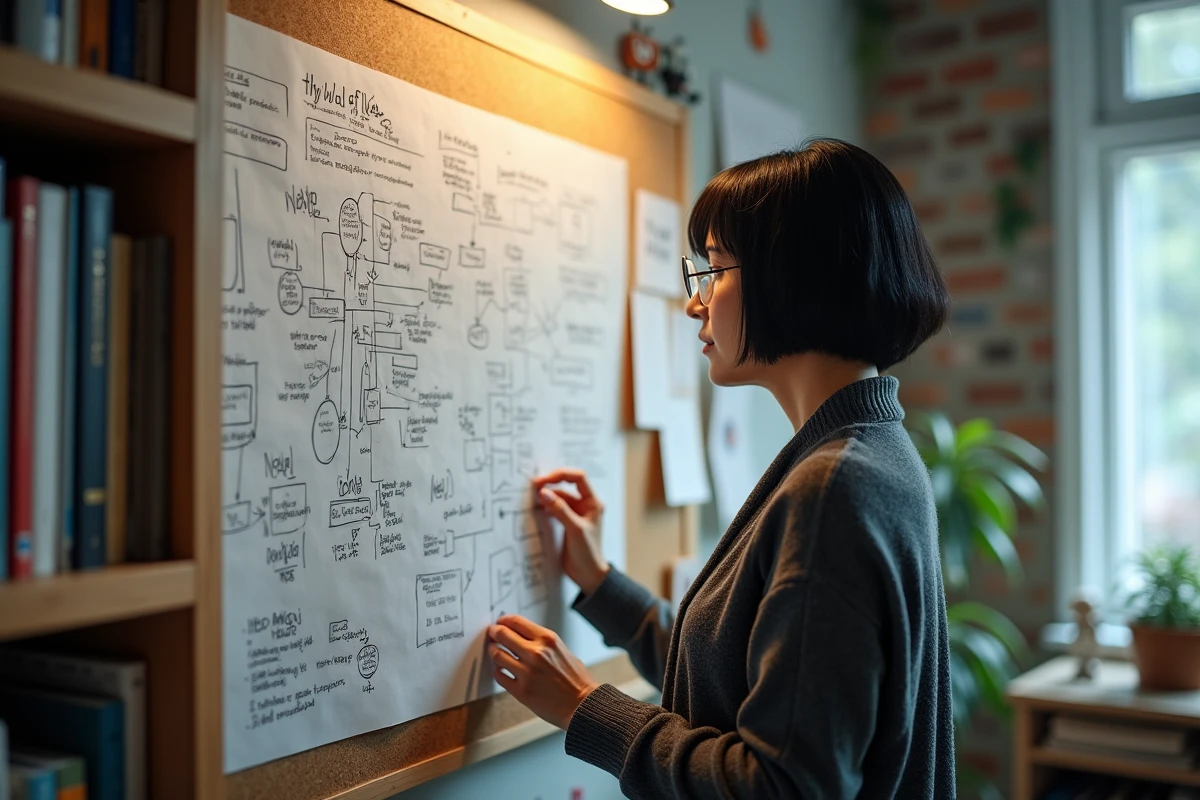 Femme chercheuse examine un poster de la theorie D