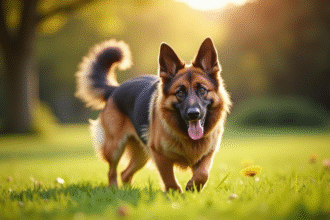 Chien belge shepherd jouant avec un enfant dans un parc ensoleille