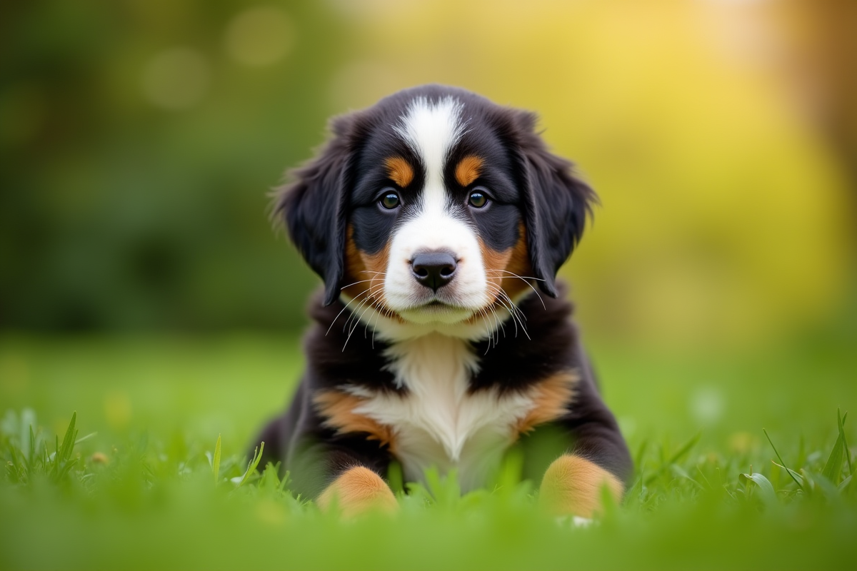 Jeune chiot bernese dans un jardin ensoleille