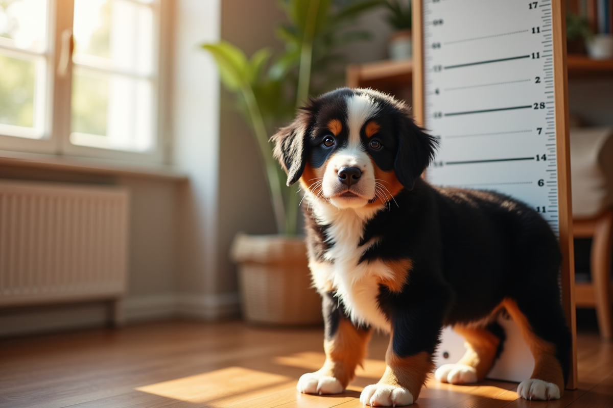 Chiot bernese debout a cote d un tableau de mesure