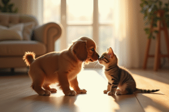 Chiot cocker spaniel rencontrant un chaton curieux dans un salon