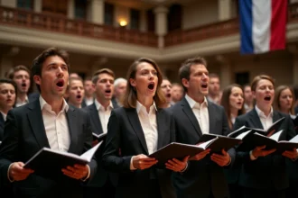 Chœur d'adultes chantant La Marseillaise en tenant les paroles imprimées dans une salle de concert en pierre
