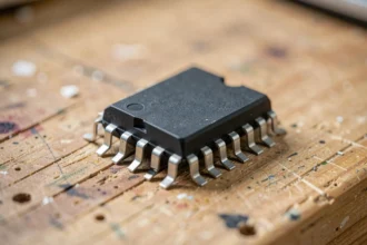 Circuit intégré au boîtier DIP posé sur un établi