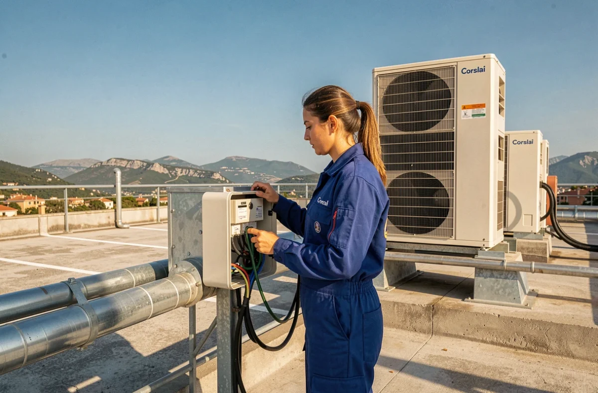 Technicienne de Climaticorse inspectant un réseau électrique relié à une installation de climatisation