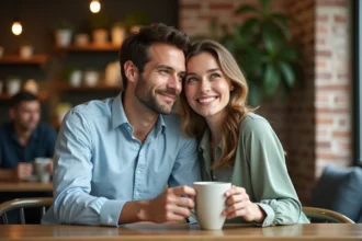 Couple complice autour d'un café, illustrant la compatibilité amoureuse de l'homme Vierge