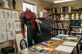 Créateur de costumes tenant une combinaison Spider-Man sombre et rouge dans un studio de production hollywoodien entouré de storyboards