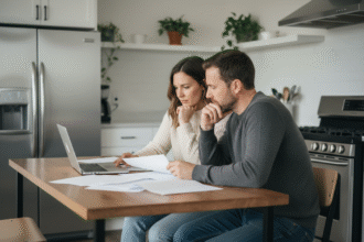 Couple assis à la cuisine discutant avec un ordinateur