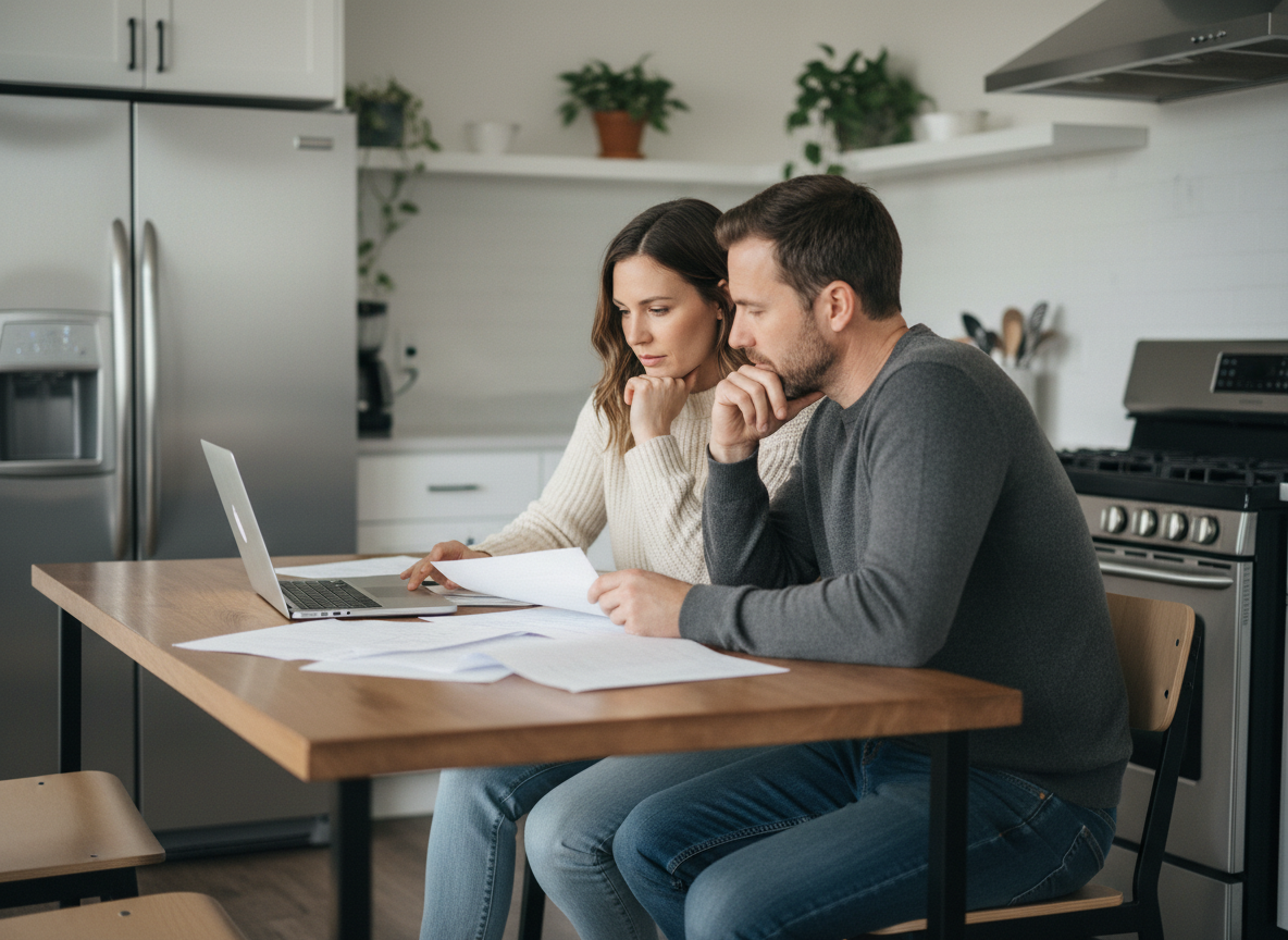 Couple assis à la cuisine discutant avec un ordinateur