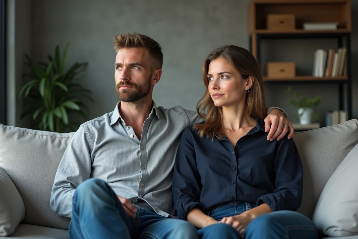 Couple distant assis sur un canapé dans un salon moderne, illustrant la tension émotionnelle et la distance dans une relation de couple