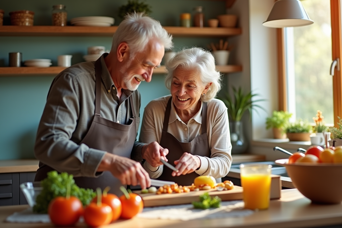 Couple agee en cuisine preparent un repas en riant