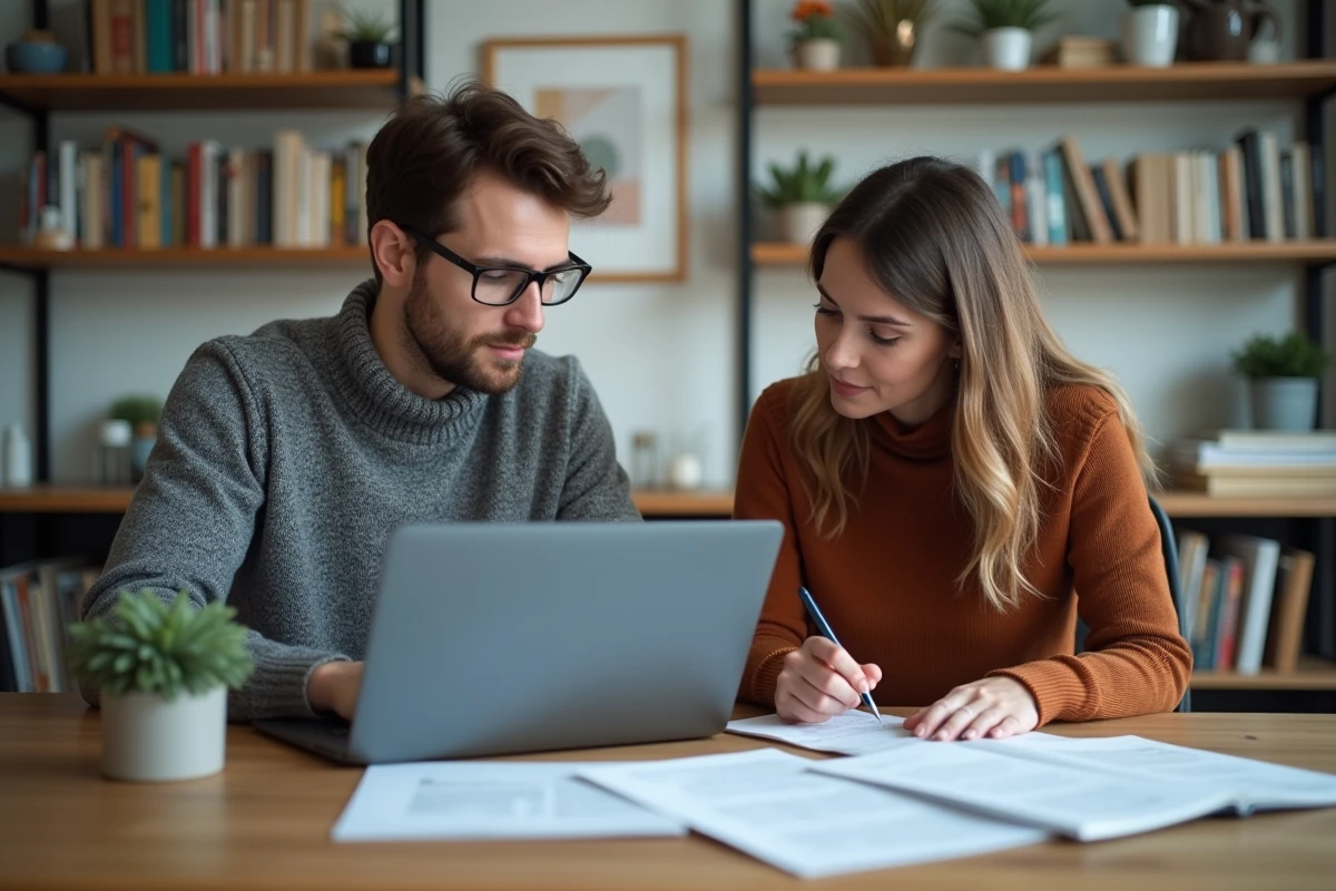 Couple complice travaillant ensemble à la maison, symbole de la relation harmonieuse avec un homme Vierge