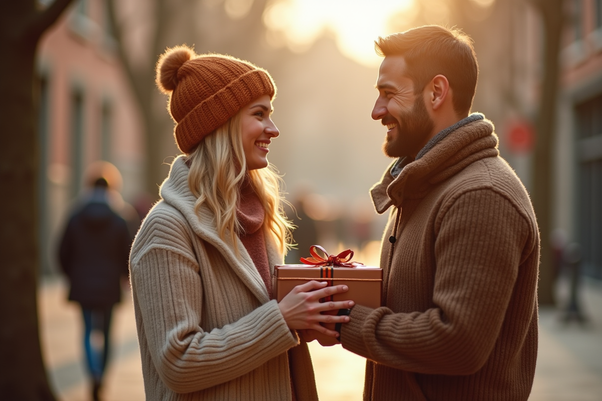 Couple souriant échangeant des cadeaux en plein air